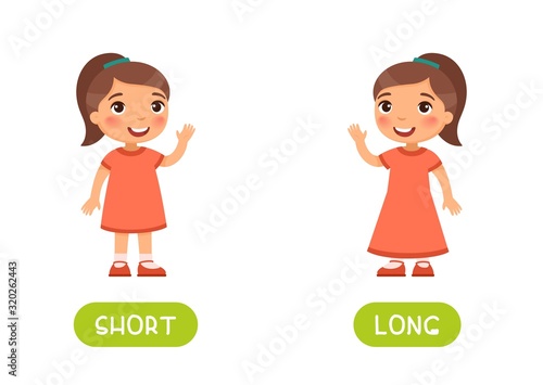 Girl in short and long dresses  illustration with typography. Flashcard vector template. Word card for english language learning with flat characters. Opposites concept.