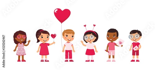 International little boys and girls dating, celebrating Valentines Day flat vector illustration. Young girlfriends and boyfriends isolated cartoon characters set. Children with February 14 presents