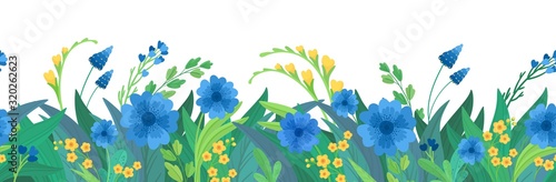 Floral  flat vector template horizontal background. Blue and yellow wildflowers blank border design. Cornflowers and daisy blossoms cartoon decor element