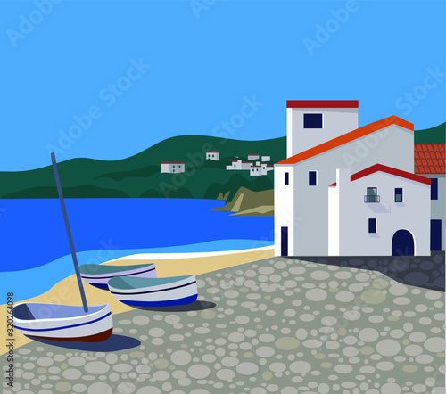 Mediterranean landscape with town and boats flat style vector illustration