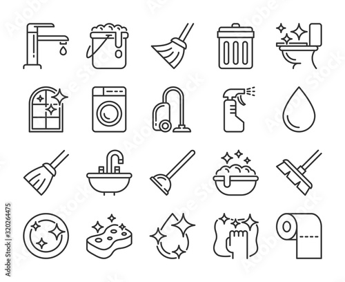 Cleaning icon. Cleaning and Household Supplies line icons set. Editable stroke.