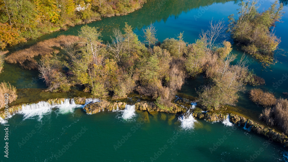 Aerial view of the autumn on the Mreznica River, Croatia