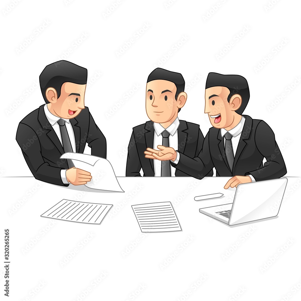 Business People Discussing Together with Computers and Some Printed Paper, Business Meetings and Partnership, Business Situation, Cartoon Vector Illustration Design, in Isolated White Background. Business People Discussing Together with Computers and Some Printed Paper, Business Meetings and Partnership, Business Situation, Cartoon Vector Illustration Design, in Isolated White Background.
