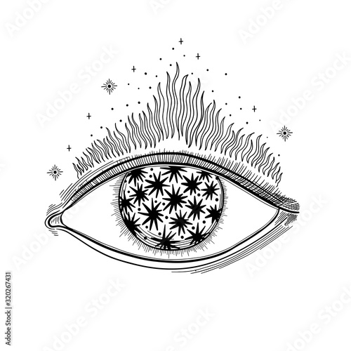 Evil Seeing eye symbol. Occult mystic emblem, graphic design tattoo. Esoteric sign alchemy, decorative style, providence sight.