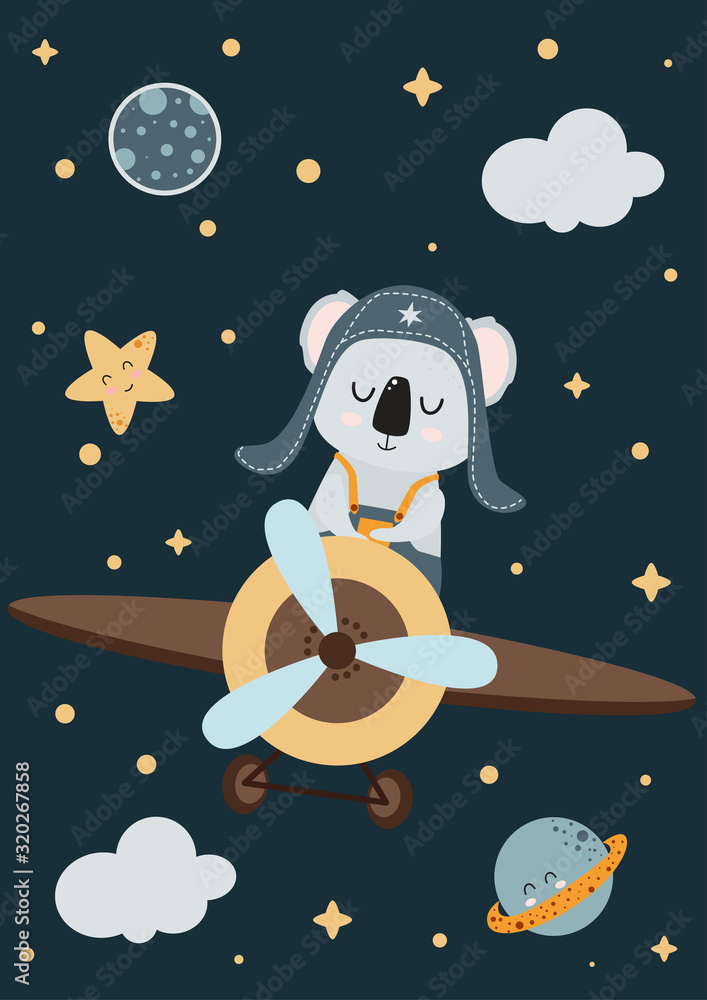 travel card with koala on a plane against the night sky - vector illustration, eps travel card with koala on a plane against the night sky - vector illustration, eps