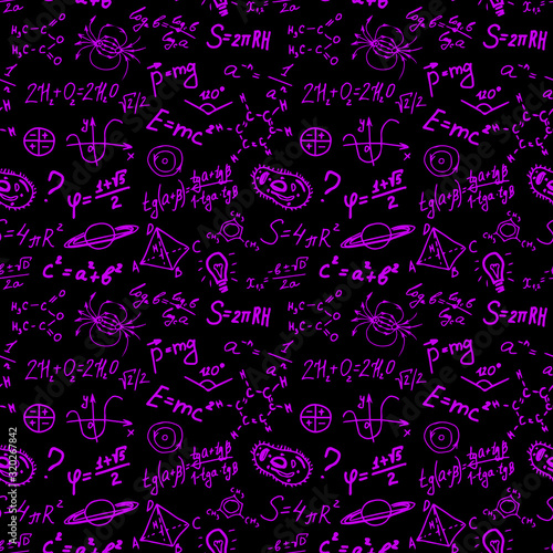 Variety of scienctific symbols, formulas and equations black background. Seamless vector pattern