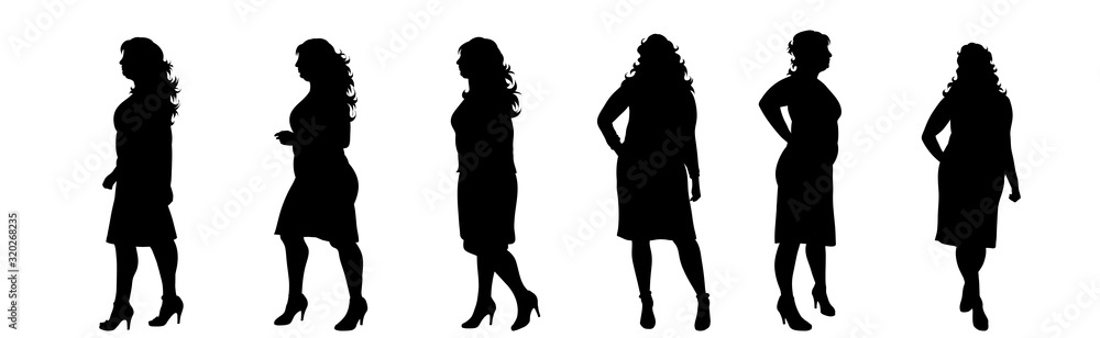Vector silhouette of obese middle age women on white background. Symbol of lady in different pose. Vector silhouette of obese middle age women on white background. Symbol of lady in different pose.