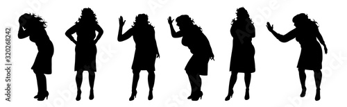 Vector silhouette of obese middle age women on white background. Symbol of lady in different pose.