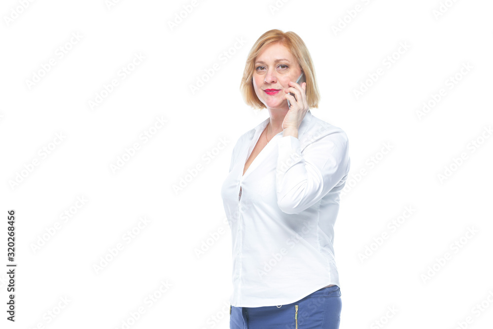 White adult woman speaks on the phone. Work in technical support. The administrator is on the phone. Isolated on a white background. White adult woman speaks on the phone. Work in technical support. The administrator is on the phone. Isolated on a white background.