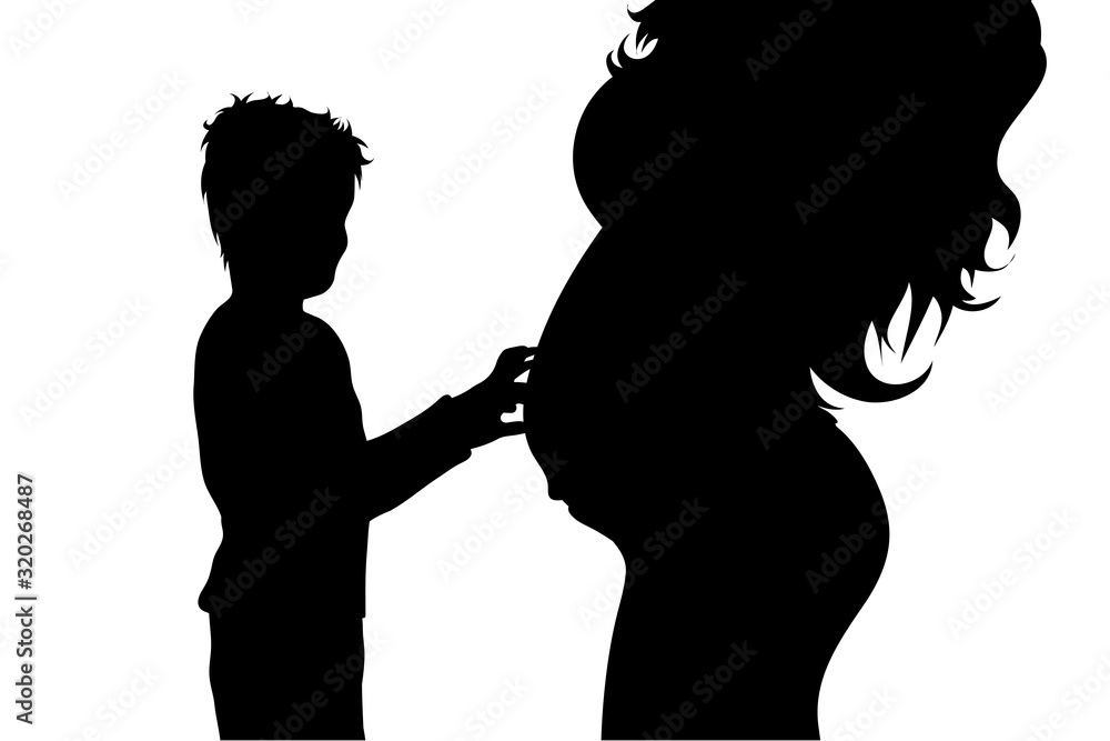 Vector silhouette of pregnant woman with her son on white background. Symbol of maternity and family. Vector silhouette of pregnant woman with her son on white background. Symbol of maternity and family.