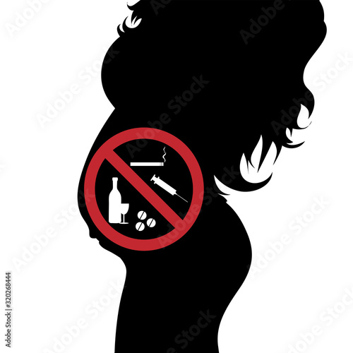 Vector silhouette of pregnant woman with no smoking, drugs and alcohol sign on white background. Symbol of maternity and healthy care.