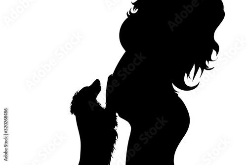 Vector silhouette of pregnant woman with her dog on white background. Symbol of maternity and love animal.
