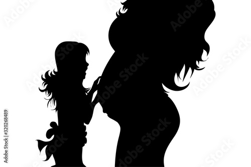Vector silhouette of pregnant woman with her daughter on white background. Symbol of maternity and family.
