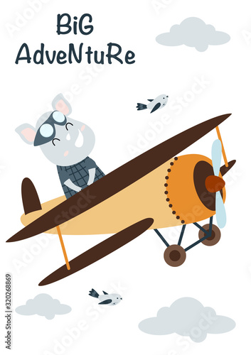 travel card with rhinoceros on a plane - vector illustration, eps