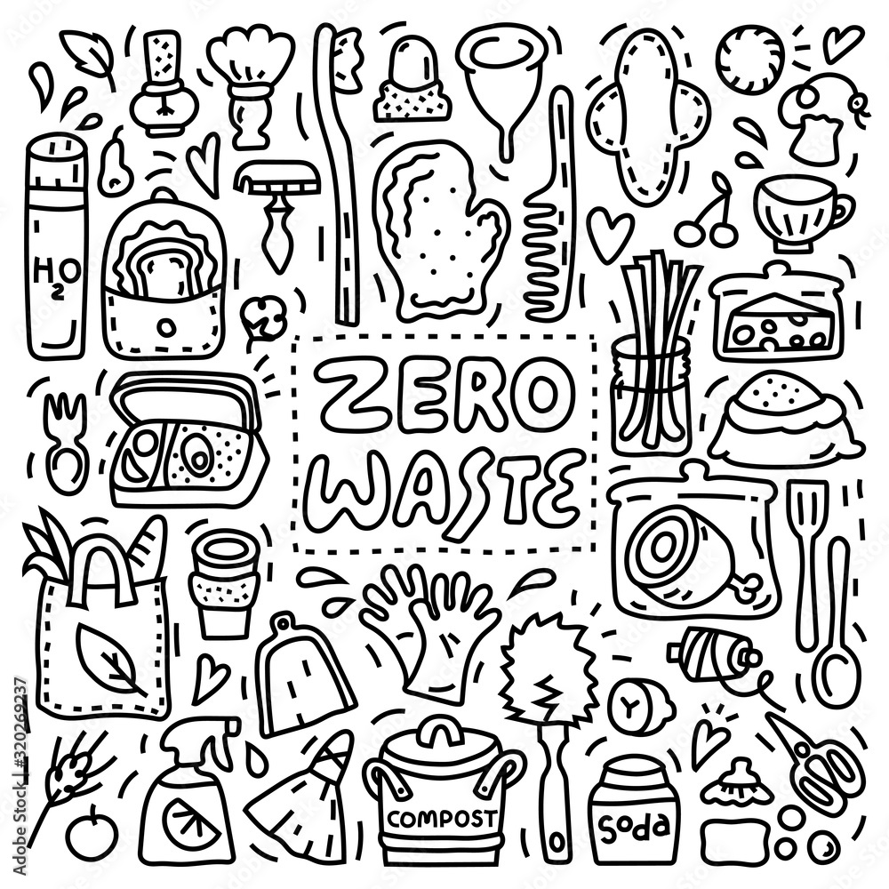 Collection of Zero Waste objects. Black and white doodle style illustration with organic symbols. Eco-friendly lifestyle Collection of Zero Waste objects. Black and white doodle style illustration with organic symbols. Eco-friendly lifestyle