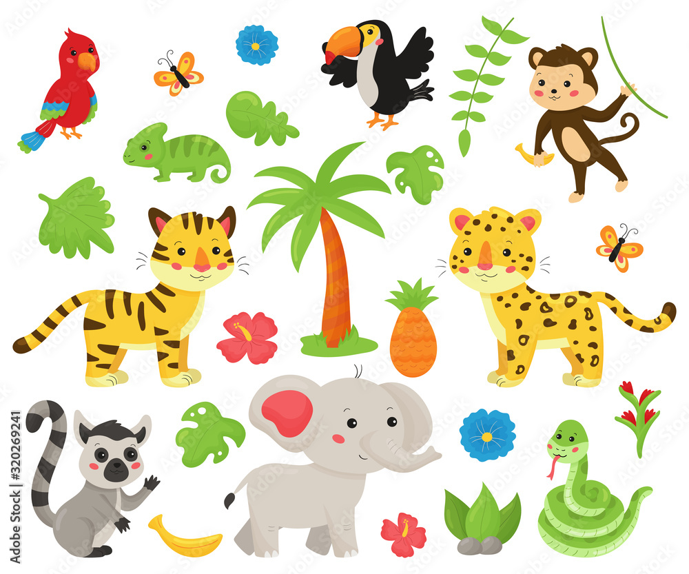 Obraz premium Set of jungle animals and tropical plants. Cute cartoon kawaii characters: wild cats, snake, elephant, tropical birds, lemur. Isolated on white background.