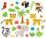 Set of jungle animals and tropical plants. Cute cartoon kawaii characters: wild cats, snake, elephant, tropical birds, lemur. Isolated on white background.