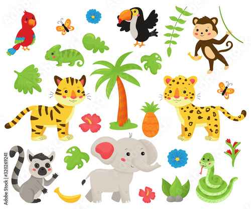 Set of jungle animals and tropical plants. Cute cartoon kawaii characters: wild cats, snake, elephant, tropical birds, lemur. Isolated on white background.
