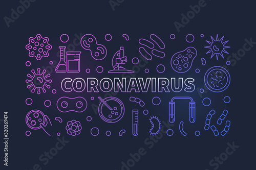 Coronavirus vector concept thin line horizontal colorful illustration on dark background