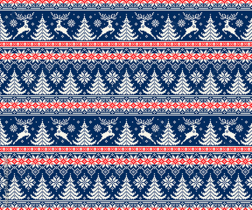 Winter Holiday Pixel Pattern with Deer and Christmas Trees. Traditional Nordic Seamless Striped Ornament. Scheme for Knitted Sweater Pattern Design or Cross Stitch Embroidery