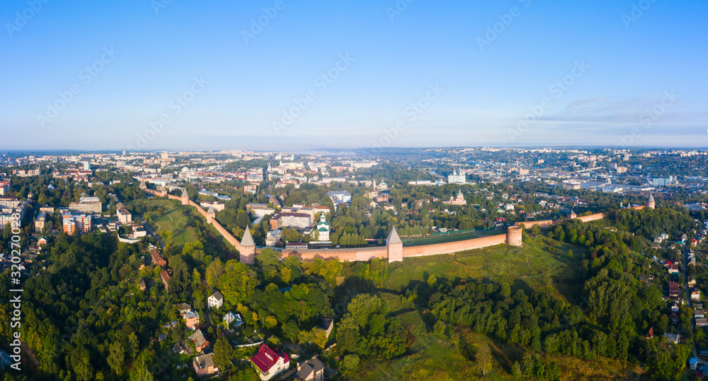 Panorama of the western wall of the Smolensk Kremlin and the old part of the city of Smolensk from a flight height on a summer morning, Russia.