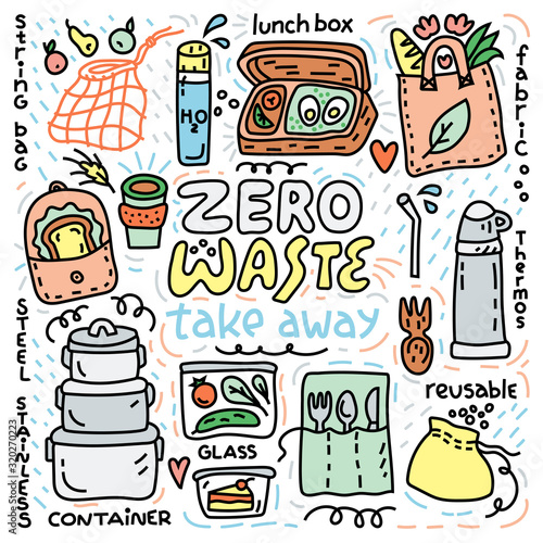 Zero waste illustration, cartoon colorful doodle style