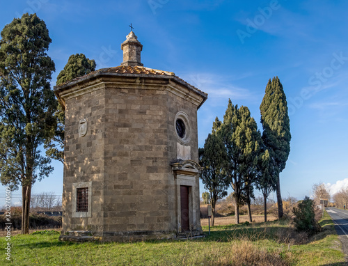 San Guido Oratorio, a small church with cypress trees. Famous location of Giosue Carducci poem. Tuscany, Italy. photo
