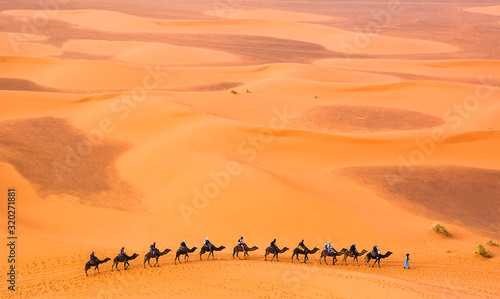 Camel caravan with travelers among the sand dunes in beautiful Sahara Desert. Amazing view nature of Africa. Travel concept. Artistic picture. Beauty world.