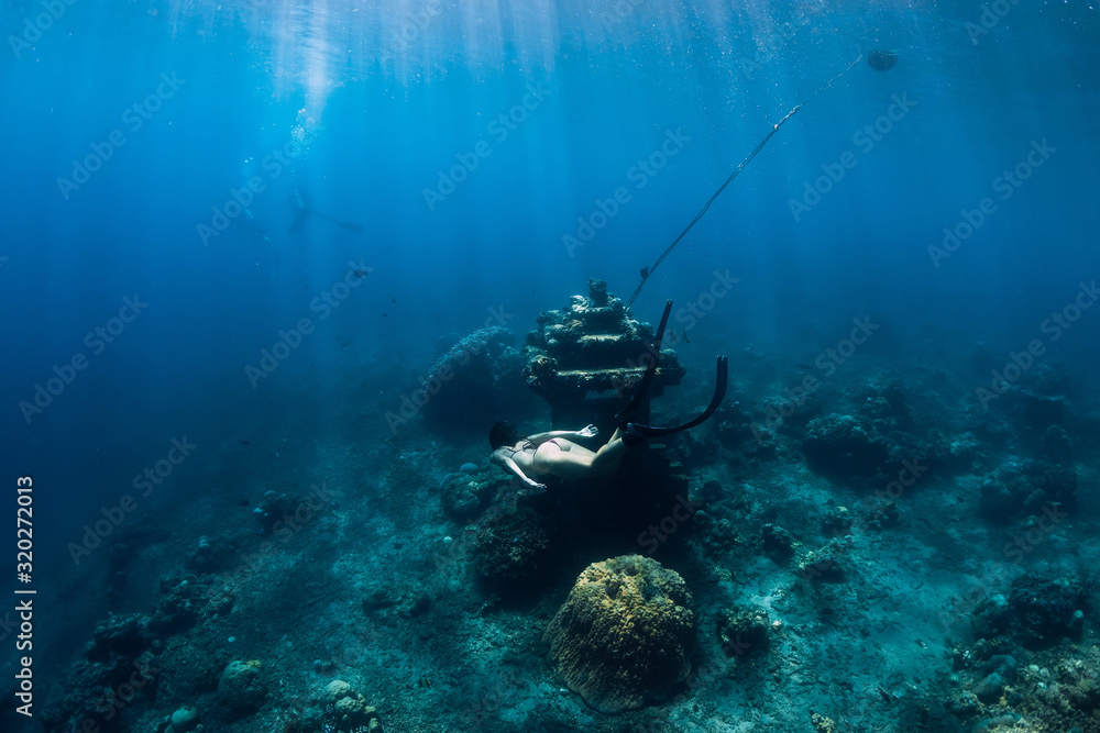 Εκτύπωση καμβά Young woman free diver glides with fins near underwater temple