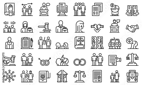 Divorce icons set. Outline set of divorce vector icons for web design isolated on white background