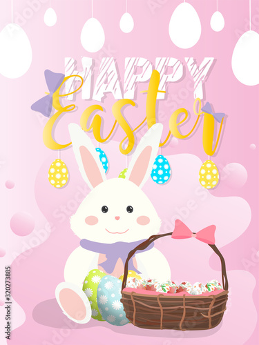 Happy easter pink banner. White rabbit, basket with colored easter eggs, beautiful font. Vector illustration.