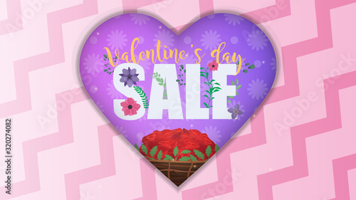 Valentine's day sale banner. Pink background, basket of roses, lettering and flowers. Good to accompany sales and discounts on Valentine's Day. Vector illustration