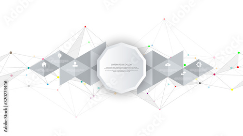 Information technology with infographic elements and flat icons. Abstract background with connecting dots and lines. Global network connection, digital technology and communication concept.