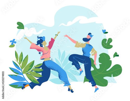 Celebrazione dell'arrivo della primavera, estate. Coppia di uomo e donna giovani e felici balla, si gode la vita, la libertà nell'armonia con la natura - illustrazione vettoriale