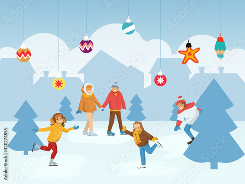People skating ice rink vector illustration. Winter outdoor activities. Happy people skating. Cartoon characters spending time on rinks.