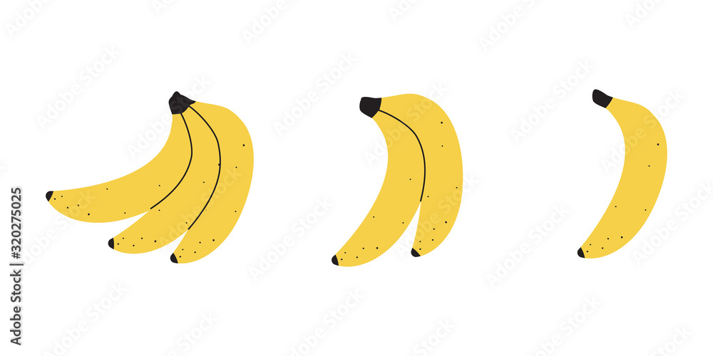 Set with banana fruit on a white background. Vector illustration for printing on fabric, tableware, packaging paper, postcard, Wallpaper. Cute children's background. Kitchen interior.