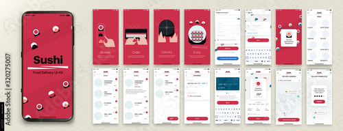 Sushi Delivery. Design of the Mobile Application, UI, UX. Set of GUI Screens with Login and Password input, and screens with Menu, Add to Cart, Payment and Delivery Tracking.