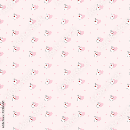 Pattern of kawaii doodle white rabbit wearing red scarf hug pink heart on pink background for wallpaper, background, fabric textile, paper print business, kids clothes.