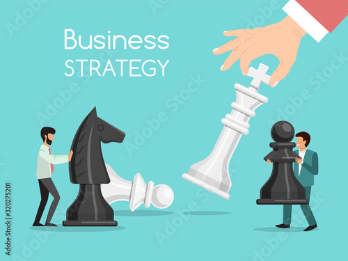 Business strategy chess playing concept. Business chessman competition vector illustration. Businessmen hold chess pieces as a symbol of rivalry