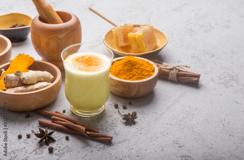Health care concept. Ingredients for turmeric latte. Health care concept. Ingredients for turmeric latte.
