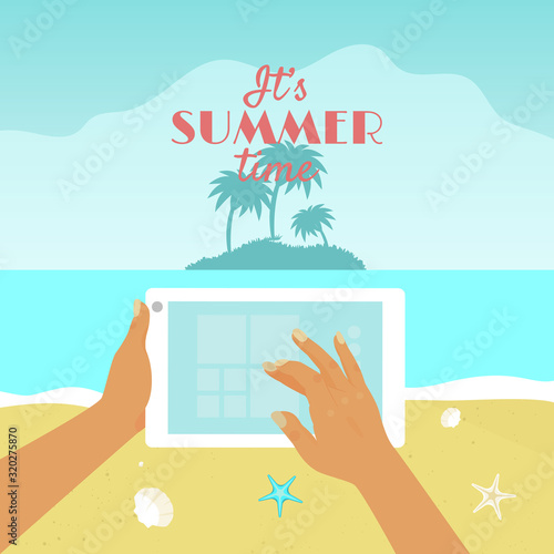 Person taking photo of summer landscape. Tourist takes picture of sea landscape by tablet. Mobile photo of summer vacation.