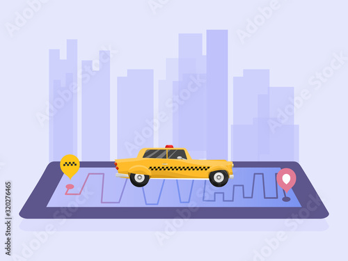 Taxi service mobile application vector illustration. Yellow taxi on city background and mobile phone with app. Banner of cab online order app.