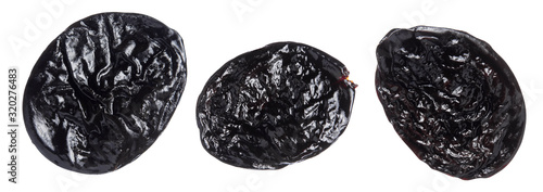 Isolated prunes. Collection of dried ripe juicy plum on white background as part for packaging design, close-up