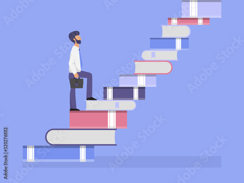 Businessman going up the stairs which made from books vector illustration. Business man walking on the staircase from book.