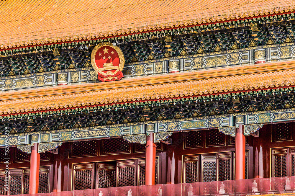 China, Beijing, Forbidden City Different design elements of the colorful buildings rooftops closeup details