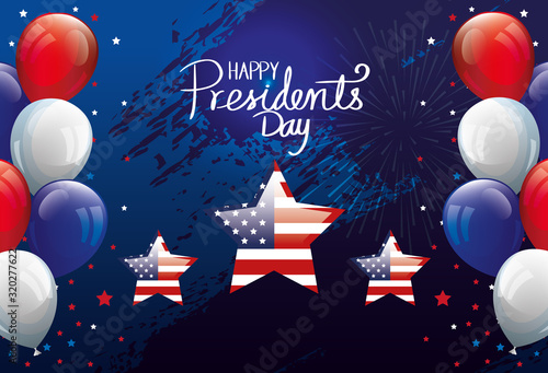 happy presidents day with balloons helium and stars vector illustration design