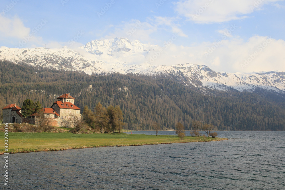 Crap da Sass castle at Silvaplana lake near Saint Moritz, Switzerland