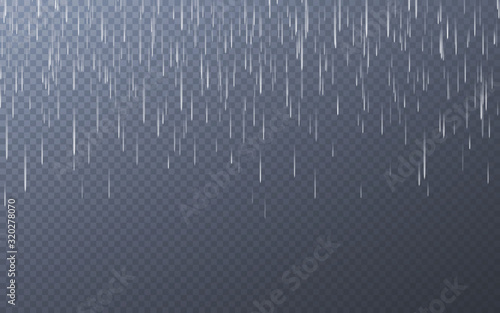 Rain drops on transparent background. Falling water drops. Nature rainfall. Vector illustration