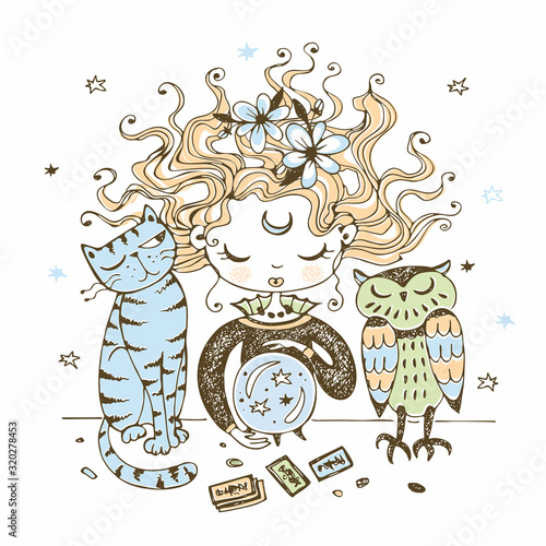 A cute little witch with a cat and an owl looks into a crystal ball. Vector