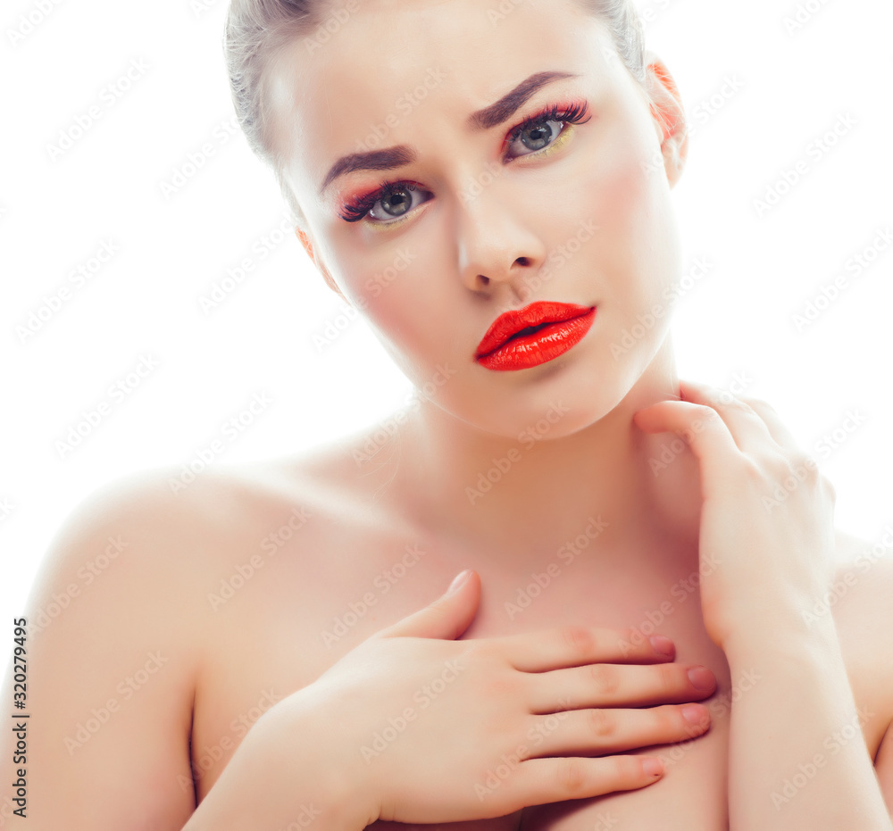 young blond real woman with bright make up smiling pointing gesturing emotional isolated like doll lashes young blond real woman with bright make up smiling pointing gesturing emotional isolated like doll lashes